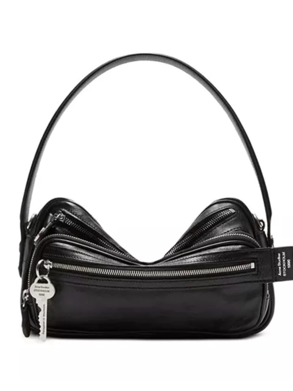 Acne Black Leather Shoulder Bag with Triple Zip Detail